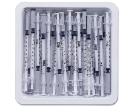 Syringe 1cc with Needle Allergy Tray PrecisionGlide™ 1 mL 27 Gauge 3/8 Inch Attached Needle Without Safety Intradermal Bevel (25/TR 40TR/CS) by BD  ID 305541